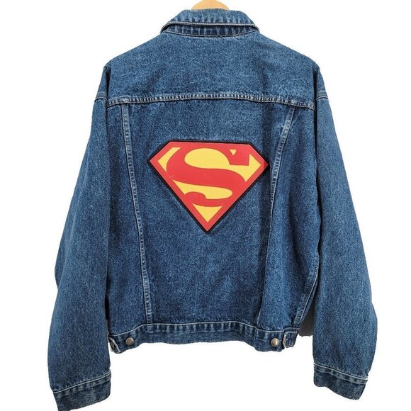 Superman 3D Vintage Blue Denim Jacket Men's Large L Warner Bros Large Patch DC - Picture 1 of 6